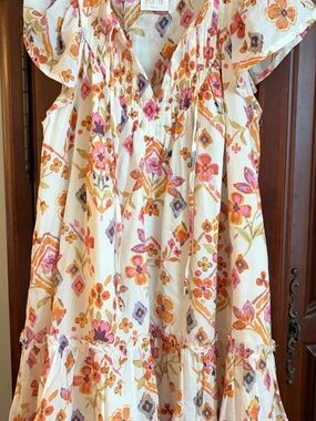 Fate Floral Ruffle Dress in Cream with Pink, Orange & Purple